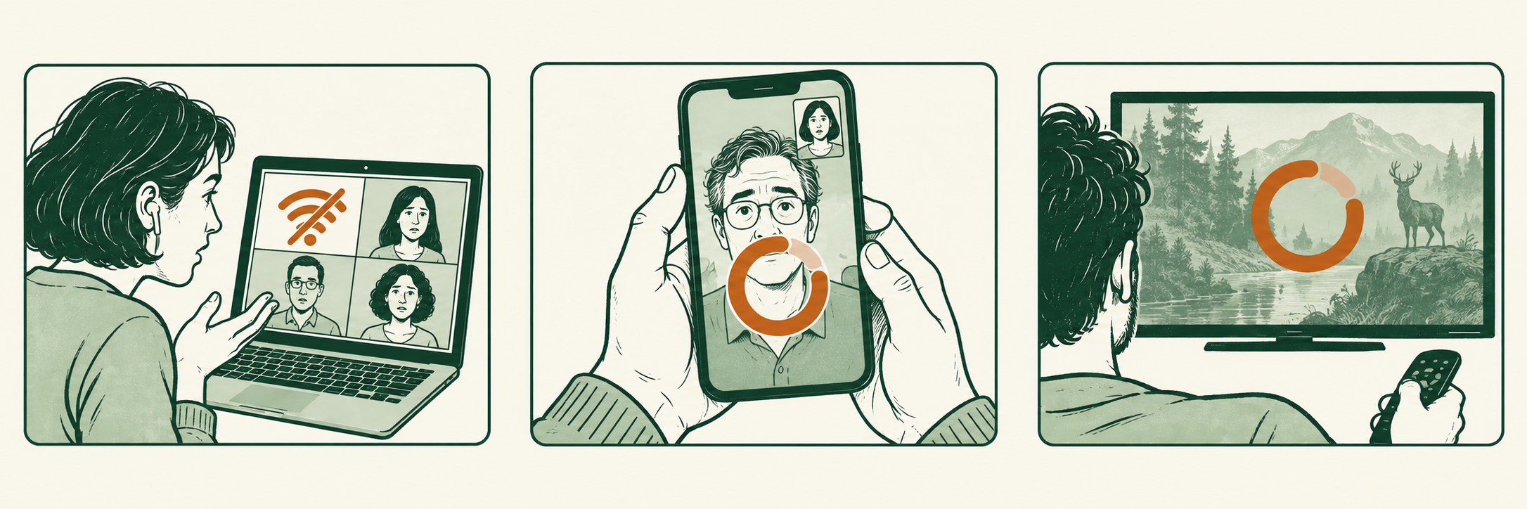 Drawing of a woman at a laptop with an interrupted group call.